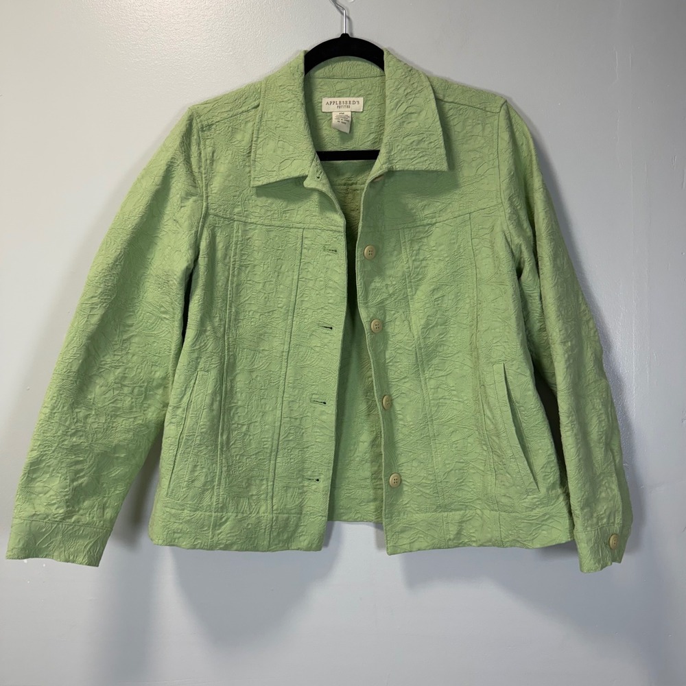 Appleseed's Petites Apple Green‎ Textured Button Front Jacket PM Floral Embossed